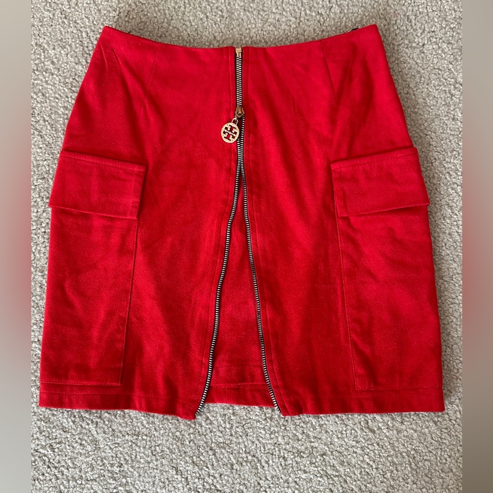 Red suede mini skirt